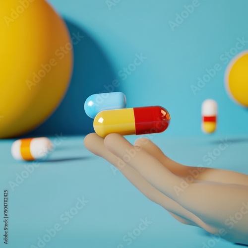 Colorful capsules and hand against bright backdrop for health and wellness