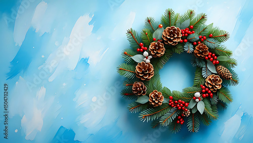Christmas wreath with pinecones and berries on blue background