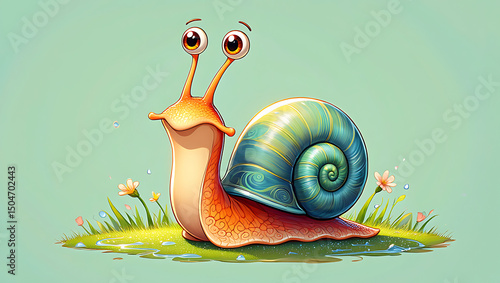 Cartoon snail smiling on grass with pastel green background
