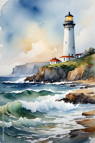 Lighthouse on rocky coast in watercolor style with waves