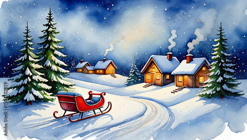 Christmas village with sleigh and snowy landscape at night