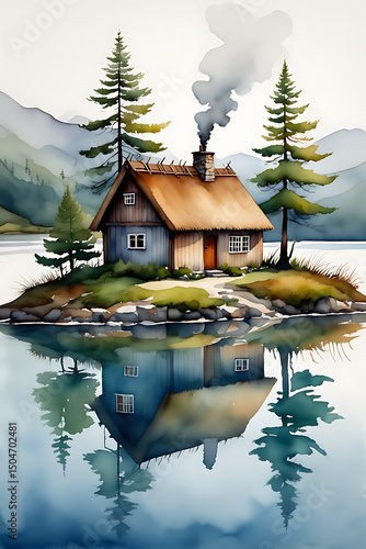 Cozy cabin on island reflected in lake in watercolor style