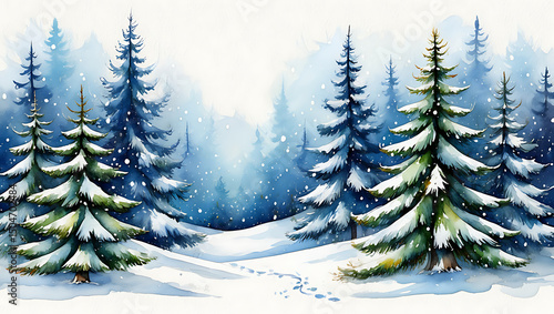 Snowy pine forest in watercolor style with blue tones