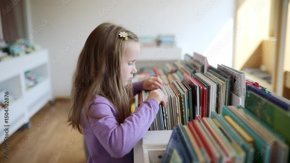 Adorable schoolgirl in municipal library selecting a book. Adorable schoolgirl in municipal library selecting a book.