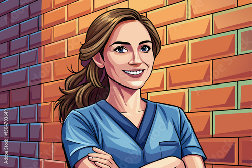 Beautiful Young nurse with arms crossed wearing scrubs vector illustration
