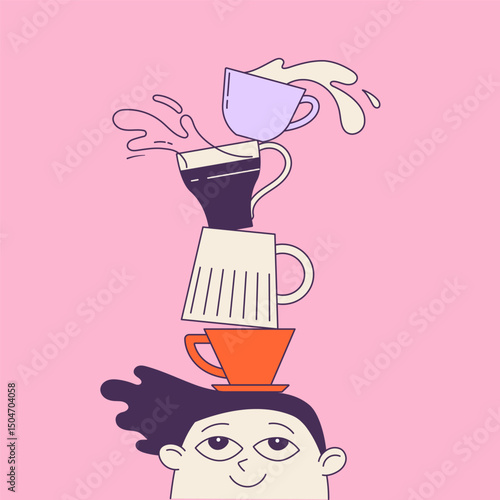 Funny hand drawn cartoon of man with stacked coffee cups on his head