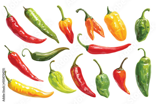 Set of red and green chili peppers