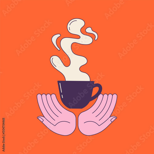 Hand-drawn cartoon of steaming coffee mug held by cupped hands. 