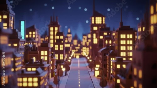 Wallpaper Mural Low poly city skyline at night with illuminated windows and a central road leading into the distance Torontodigital.ca