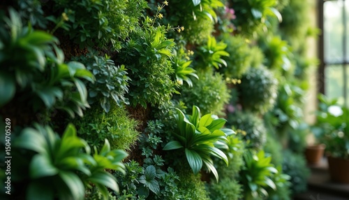 Vertical herb plant wall with natural green wallpaper background. Green forest nature background. Home eco friendly, bio design. Interior design, decoration, natural living, urban gardening,