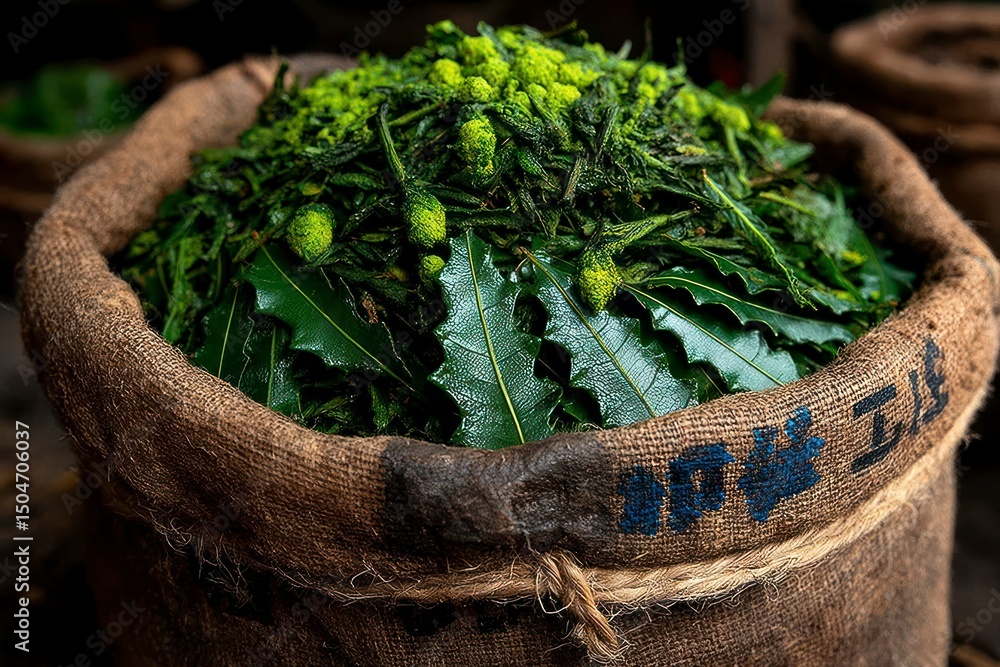 Naklejka premium Fresh Herbs in a Woven Basket A Vibrant Display of Greenery for Culinary and Natural Uses