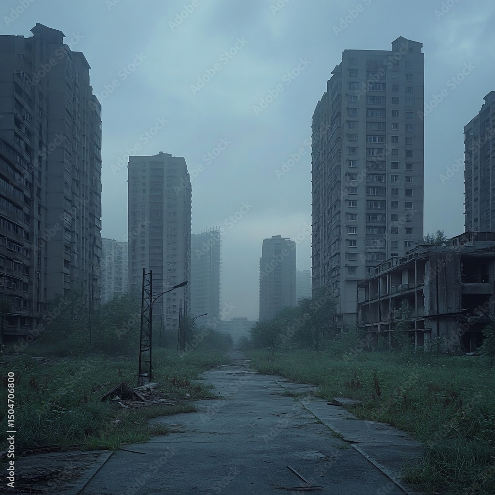 Fototapeta premium Urban Decay: A haunting view of abandoned buildings under a foreboding sky landscape