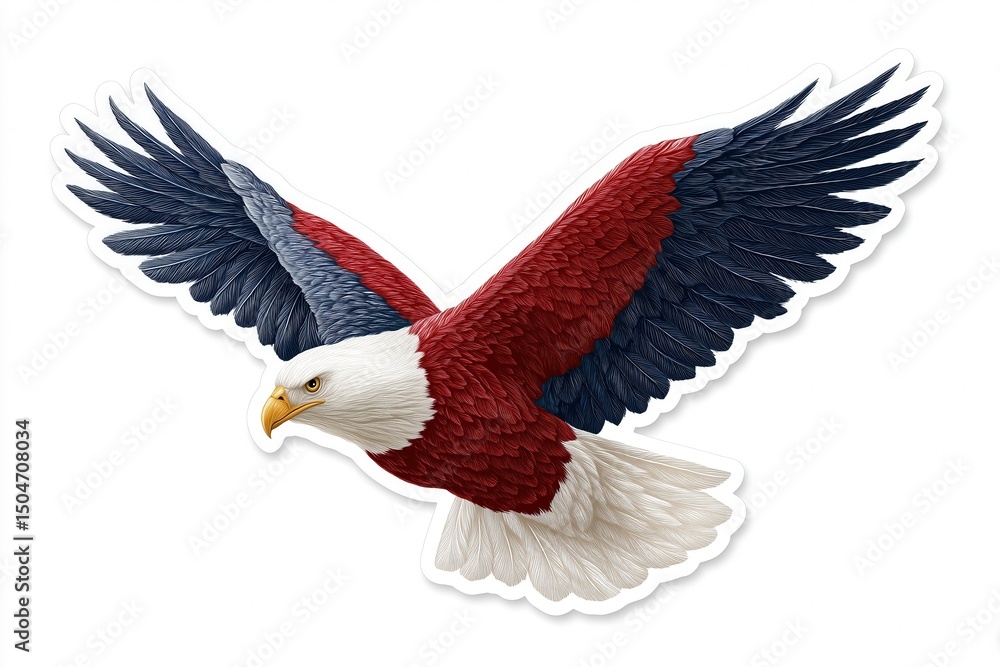Fototapeta premium 3D vector design of an American bald eagle with spread wings, in red, white, and blue American flag colors. 