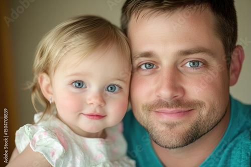 A loving father embraces his adorable blonde baby girl with striking blue eyes in a close-up portrait.