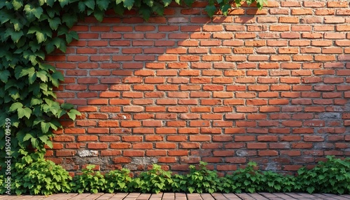 Rustic red brick wall with green ivy vines. Old weathered textured brickwork background, exterior design, building facade, nature landscape. Gardening eco concept, copy space.