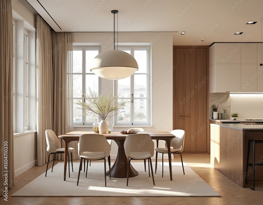 Fototapeta premium Contemporary minimalist apartment features dining room, kitchen with beige, white, walnut tones. Wooden table, chairs, modern design, big windows. Interior design concept, home decor, cozy living.