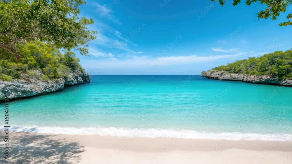 Serene beach with turquoise water, clear sky, and lush greenery for ultimate relaxation in nature. Serene beach with turquoise water, clear sky, and lush greenery for ultimate relaxation in nature.