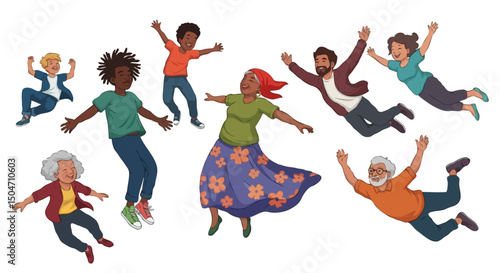 People Levitating Together, Happy and Free Cartoon Set, Vector Art for Inspiration