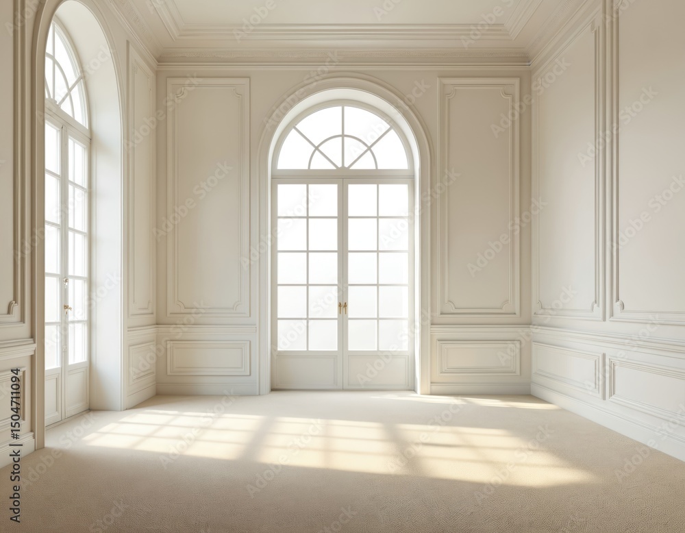 Fototapeta premium Empty sunlit classic room with bright daylight windows. White walls, wooden doors, light floor, luxury design. Contemporary style, home decor, apartment interior concept. Architectural background.