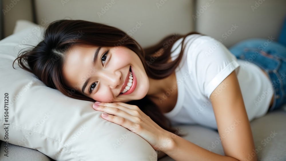 Happy woman lying on sofa with pillows,Young Asian girl,lady,one,home Happy woman lying on sofa with pillows,Young Asian girl,lady,one,home