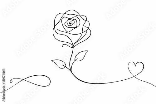 Elegant single line drawing rose with heart