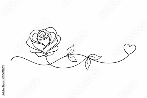Elegant single line drawing rose with heart vine