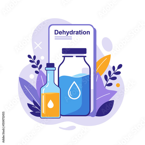 Illustration of dehydration concept with water bottles and leaves  