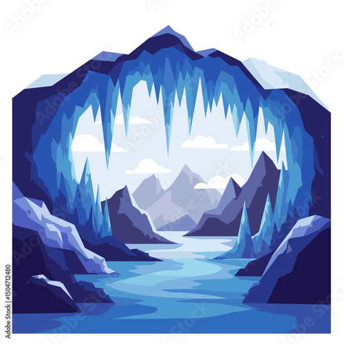 Ice cave with icy formations and mountain landscape in blue tones  