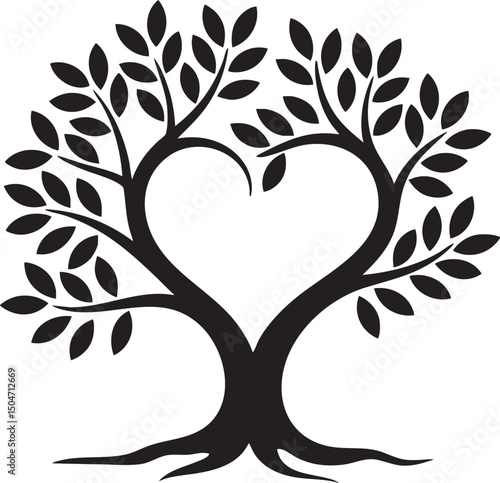 Romantic Tree Design With Two Trees Forming Heart Shape Symbolizing Love Unity Nature And Connection In Decorative Silhouette Style