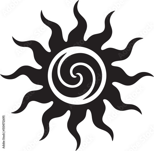 Decorative Spiral Sun Icon With Curved Rays Representing Energy Warmth Summer And Light In Artistic Tribal Style Silhouette Design