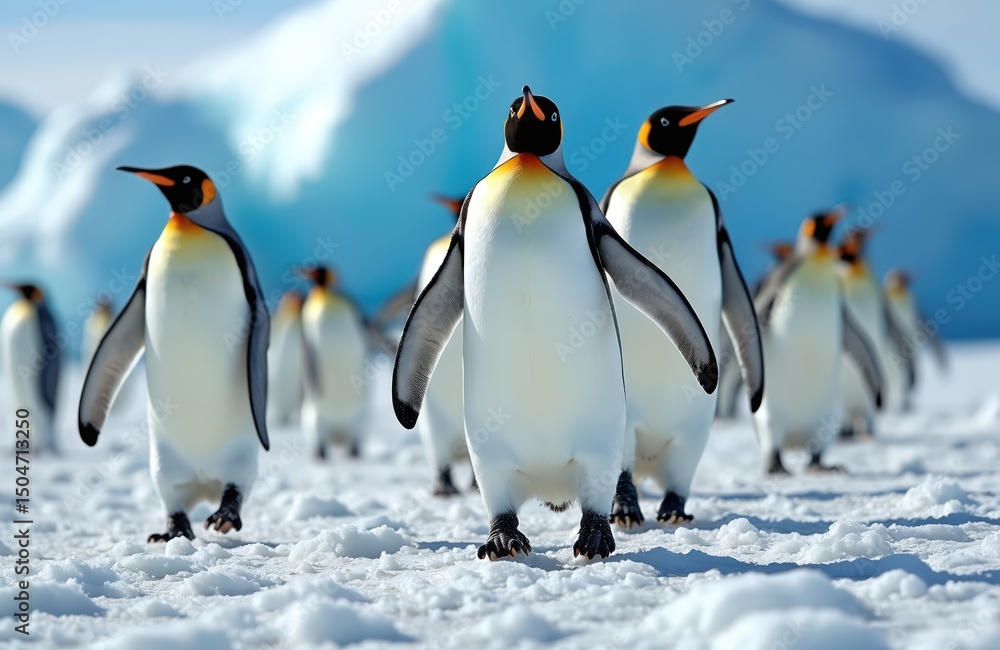 Fototapeta premium Group of penguins walking on snow covered terrain. Antarctic scene with icy landscape and frosty weather conditions. Wildlife birds waddle through snowy terrain, blue sky background. Winter adventure.