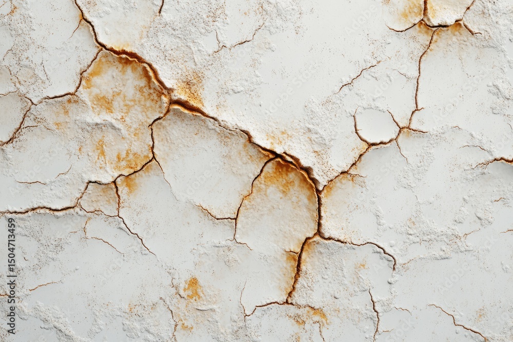 Obraz premium White paint peeling off surface reveals brown corrosion lines, showing aging and decay on a weathered surface.