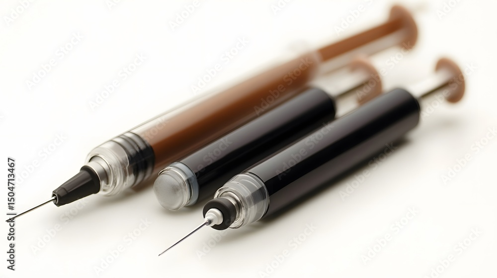 Fototapeta premium Medical Syringes Brown Black Ink Closeup Studio Shot