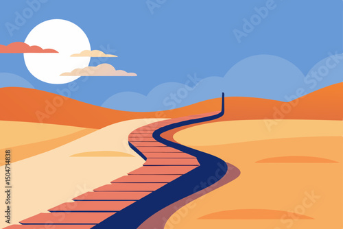 Sun-drenched road through desert dunes to the distant horizon where sky meets the summer sea