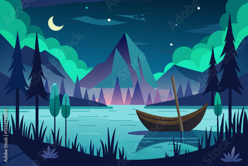 Tropical island vacation with palm trees and a boat on the ocean at sunset or night, a perfect summer travel illustration design