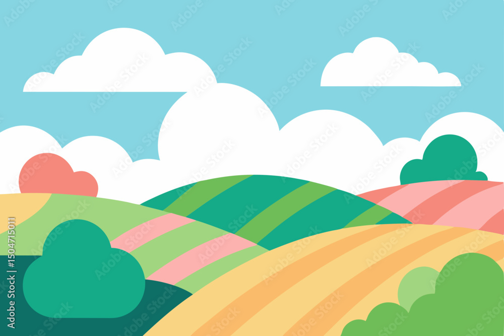 Fototapeta premium Vibrant vector illustration of a summer landscape with a rainbow, clouds, green grass, and blue sky