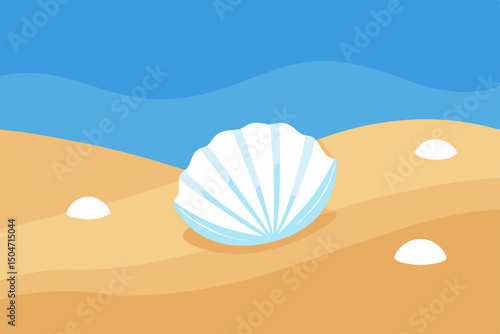 Tropical sea shells lie on the beach sand, evoking a serene summer vacation by the ocean