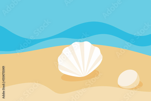 Tropical seashell on a sandy beach with ocean water and a summer sky