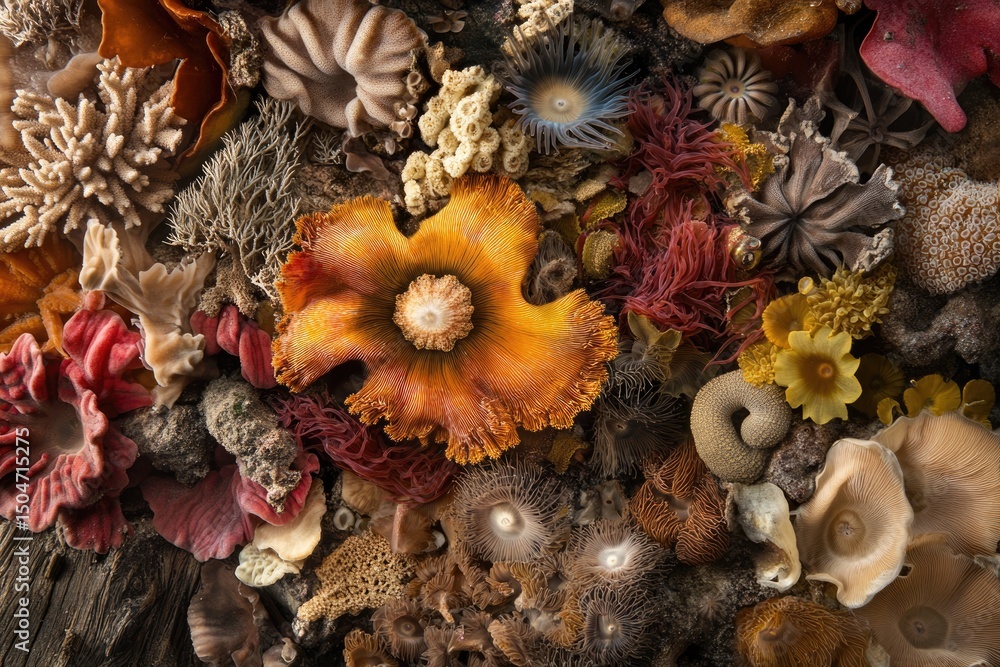 Obraz premium A vibrant underwater ecosystem teeming with colorful corals, anemones, and other marine life creates a visually stunning display of nature's beauty.