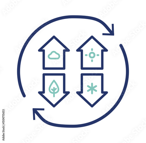 Vector icon showing a home with four seasons elements (sun, snowflake, leaf, rain). Perfect for real estate projects, resorts, or adaptive housing. Editable outlines for full customization.