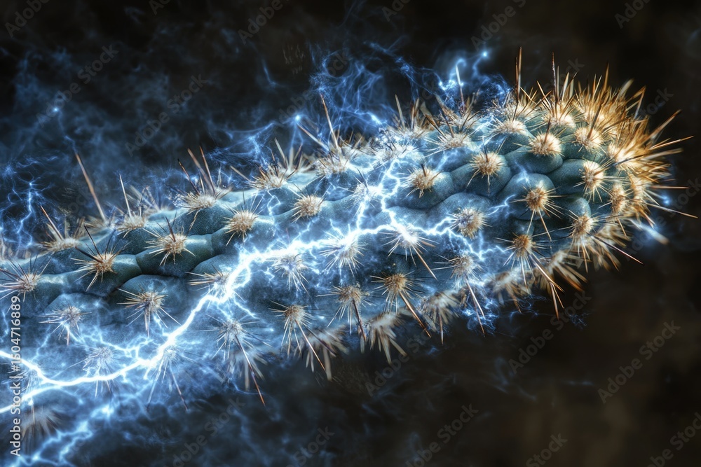 Obraz premium A vibrant cactus, illuminated by electric blue energy, radiates life and intensity against a dark, mysterious background.