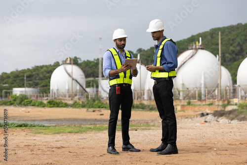 Industrial engineer team with safety PPE working together at front Refinery and gas petrochemical plant 