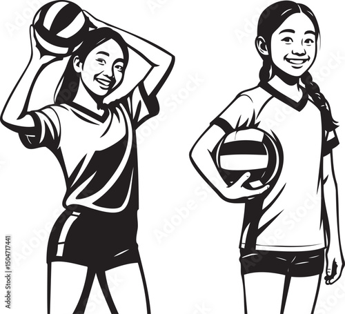 Smiling young volleyball players holding ball