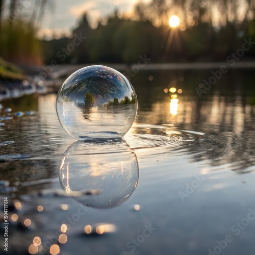 Wallpaper Mural Reflective soap bubble on water surface capturing sunset and surroundings Torontodigital.ca
