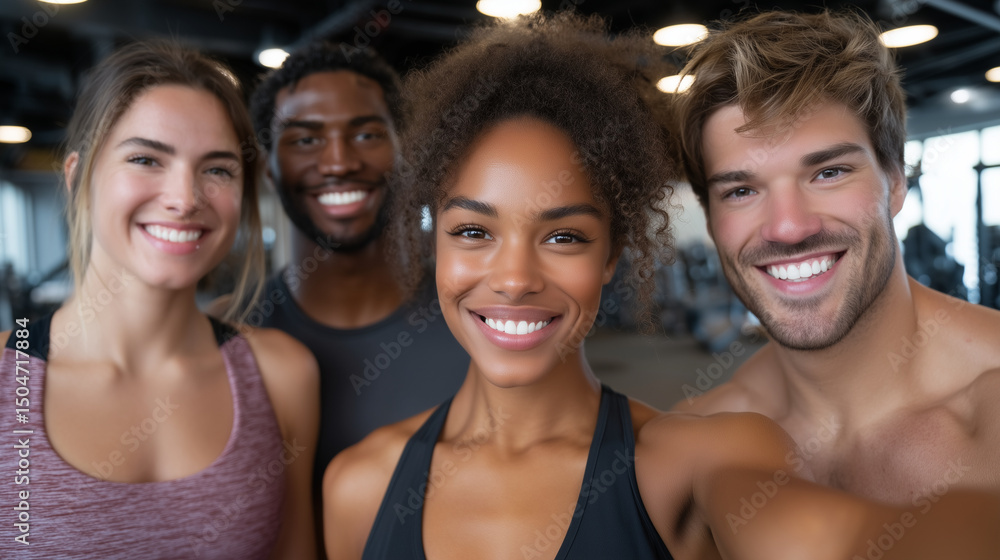 Group of sporty, diverse people in a modern gym, interacting, training, and smiling together, wearing activewear, surrounded by fitness equipment, bright and energetic atmosphere c Group of sporty, diverse people in a modern gym, interacting, training, and smiling together, wearing activewear, surrounded by fitness equipment, bright and energetic atmosphere c