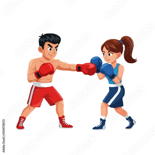 Male and Female Cartoon Boxers Training and Fighting – Vector Illustration