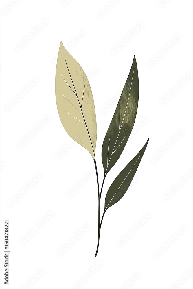 Two stylized leaves on a branch, muted colors Two stylized leaves on a branch, muted colors
