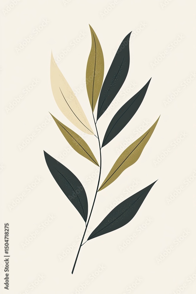 Abstract minimalist botanical print of a single branch with leaves in muted tones of beige, olive green, and dark gray Abstract minimalist botanical print of a single branch with leaves in muted tones of beige, olive green, and dark gray