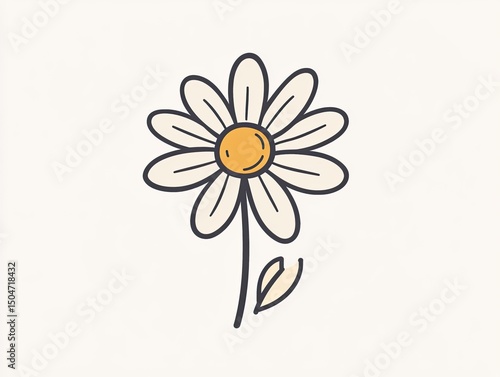Delicate daisy illustration.  Simple, outlined flower with a single stem and a petal