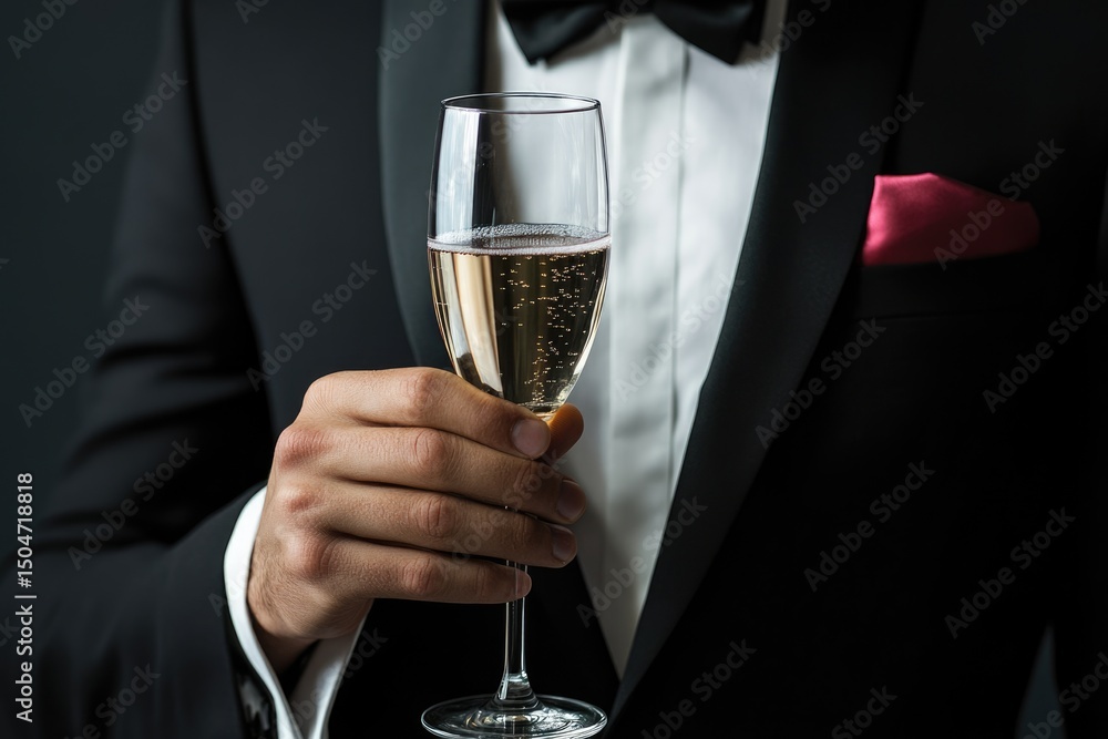 Man in tuxedo toasting with champagne, symbolizing luxury, celebration, and elegant lifestyle in formal occasion. Man in tuxedo toasting with champagne, symbolizing luxury, celebration, and elegant lifestyle in formal occasion.